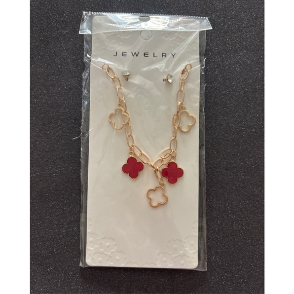 Unbranded Jewelry - Women's Clover Charm Necklace and pierced stud faux diamond earrings